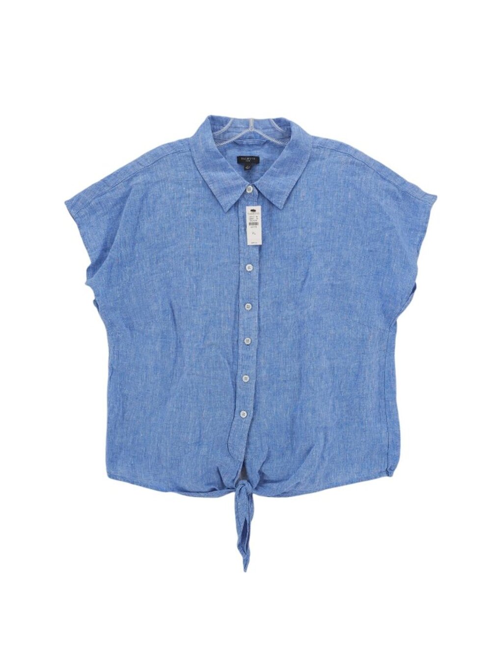 NWT TALBOTS Blue 100% Linen Tie Hem Button Up Top Shirt Size LARGE PETITE